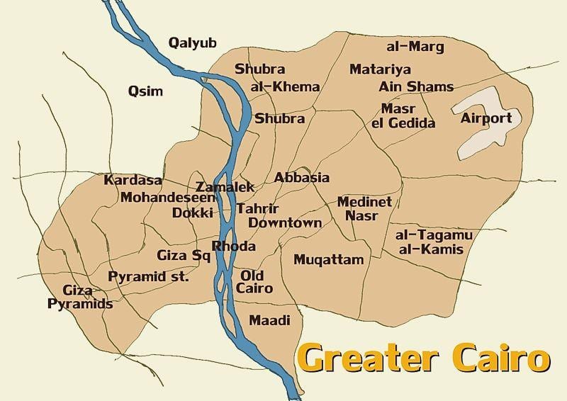 नक्शे के काहिरा और आसपास के क्षेत्रों